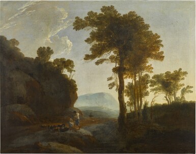 View full screen - View 1 of Lot 73. Extensive landscape with a shepherd and shepherdess and their flock.