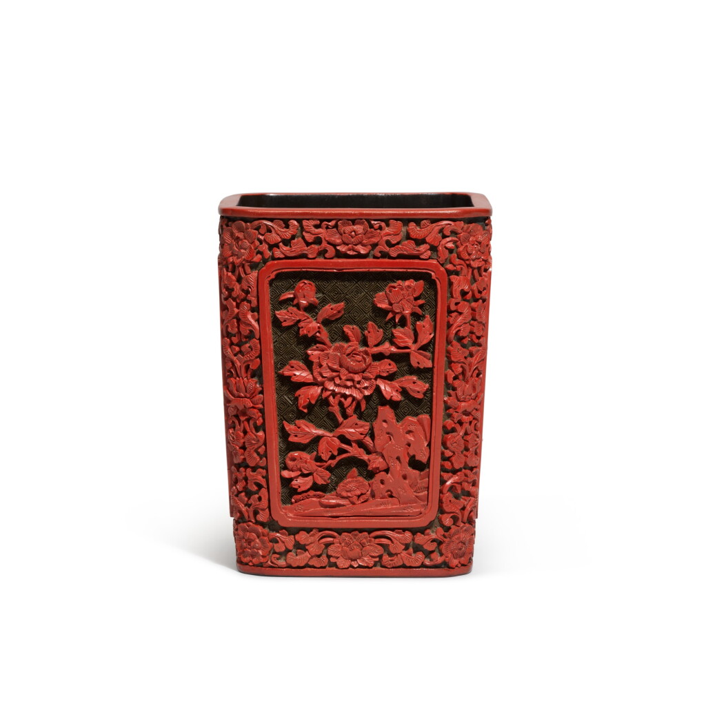 View full screen - View 1 of Lot 208. A carved cinnabar lacquer brushpot, Qing dynasty, 18th century | 清十八世紀 剔紅花卉紋筆筒.
