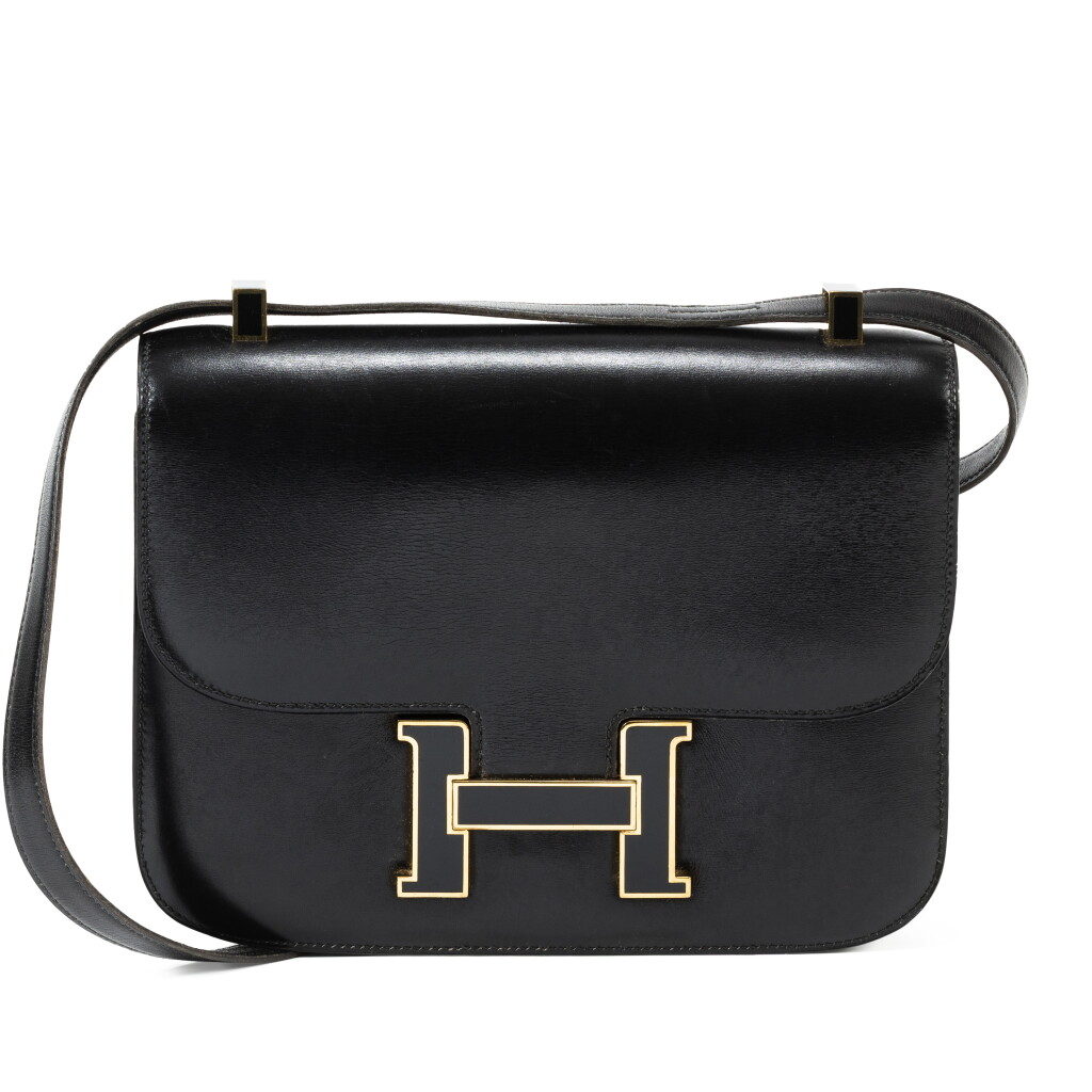 View full screen - View 1 of Lot 710. Black Calfbox Constance 22 Gold and Black Laquer Hardware.