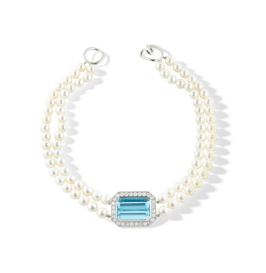 View full screen - View 1 of Lot 236. Collier ras-du-cou aigue-marine, perles de culture et diamants | Aquamarine, cultured pearl and diamond collier de chien.