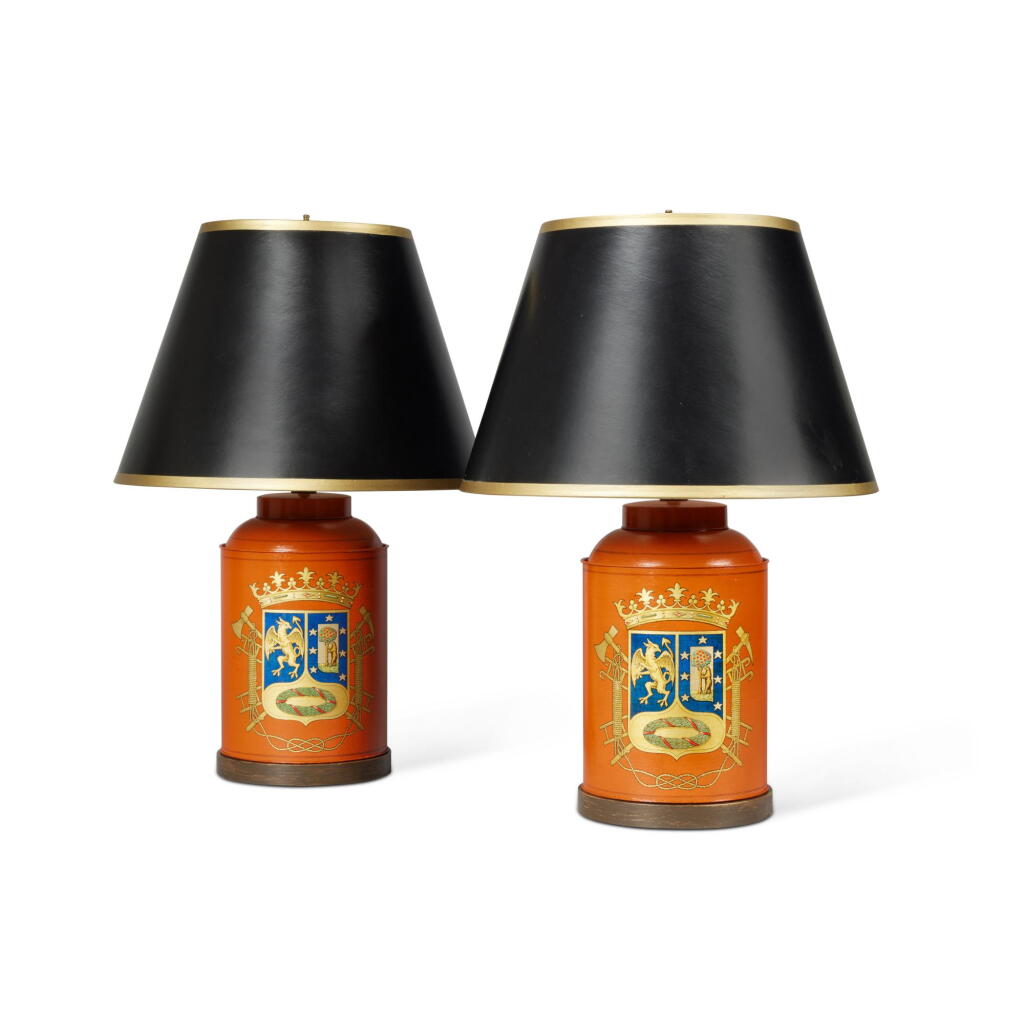 View full screen - View 1 of Lot 47. A Pair of Painted Metal Tea Canisters now mounted as Lamps.