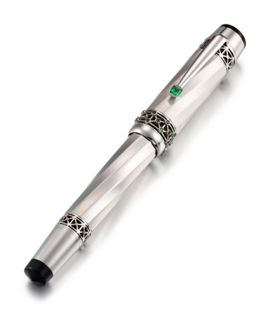 View full screen - View 1 of Lot 8017. MONTBLANC | A WHITE GOLD, GREEN SAPPHIRE, MOTHER-OF-PEARL AND RESIN FOUTAIN PEN, CIRCA 2015.