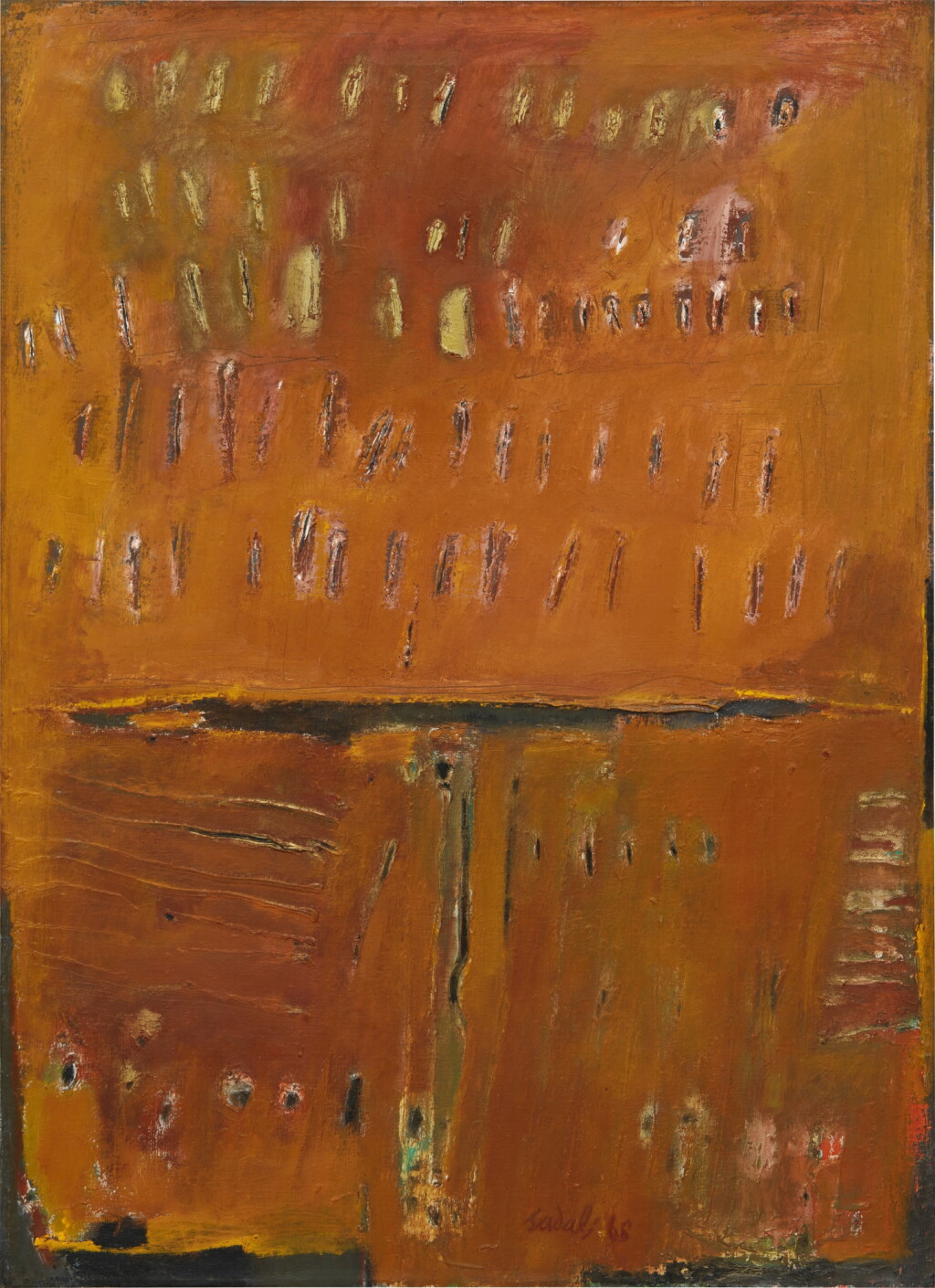 View full screen - View 1 of Lot 658. Ahmad Sadali 阿曼德·薩達利 | Scratches on cracked yellow brown plane 黃褐色裂紋板上刮痕.