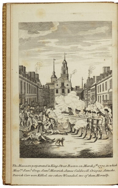 View full screen - View 1 of Lot 21. (BOSTON MASSACRE: JAMES BOWDOIN, JOSEPH WARREN, SAMUEL PEMBERTON) | A Short Narrative of the Horrid Massacre in Boston, Perpetrated in the Evening of the Fifth Day of March 1770, by Soldiers of the XXIXth Regiment … with Some Observations of the State of Things prior to that Catastrophe. Printed by Order of the Town of Boston: London, Re-printed for E. and C. Dilly, and J. Almon, 1770.