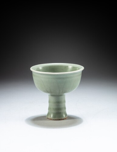 View full screen - View 1 of Lot 13. A 'Longquan' celadon-glazed 'turtle' stem cup, Song - Ming dynasty | 宋至明 龍泉窰青釉龜紋高足盃.