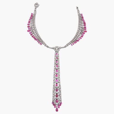 View full screen - View 1 of Lot 625. Superb and Rare Ruby and Diamond 'Cravate' Necklace.