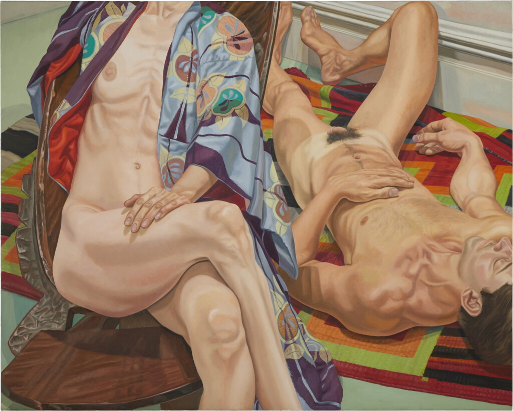 View full screen - View 1 of Lot 143. Female Model in Kimono on Dogon Chair, Male Model on Chiefs Blanket.