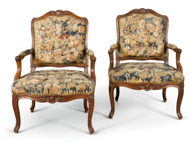 View full screen - View 1 of Lot 24. A PAIR OF LOUIS XV CARVED BEECHWOOD FAUTEUILS À LA REINE, CIRCA 1755.