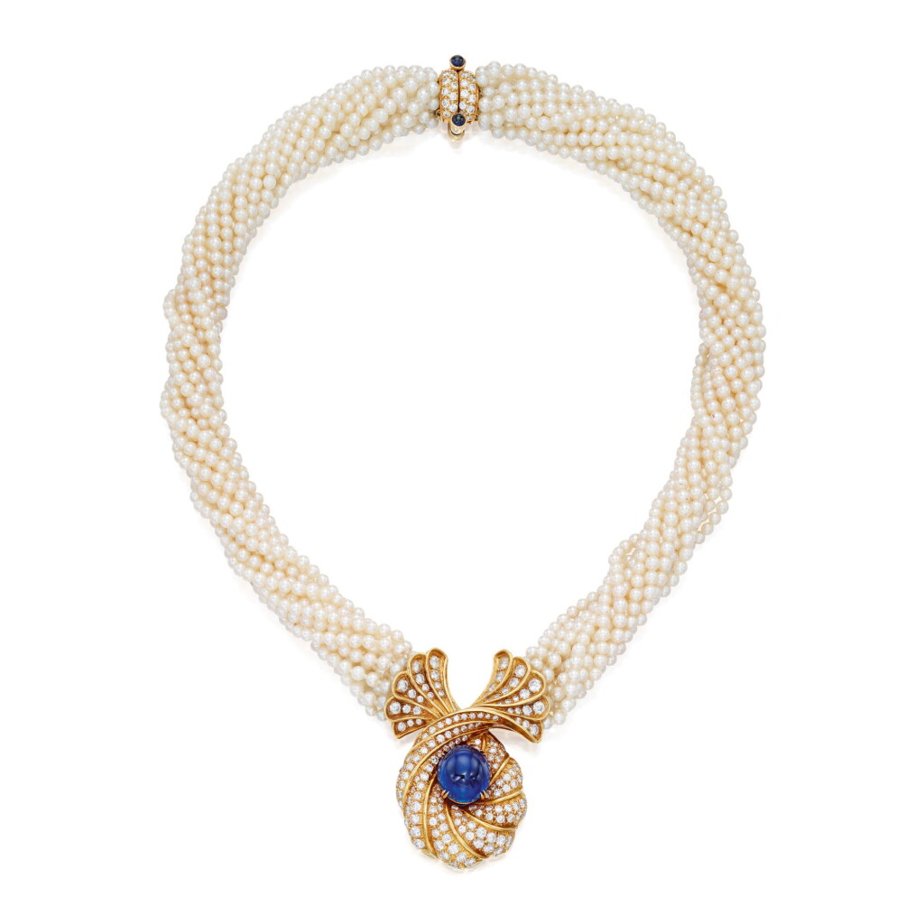 View full screen - View 1 of Lot 151. Harry Winston | Seed Pearl, Sapphire and Diamond Necklace.