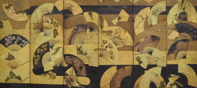 View full screen - View 1 of Lot 2076. Anonymous, Scattered fans, Sealed I’nen, Edo period, 17th century | 扇面散図屏風 伊年印 江戸時代前期 17世紀.