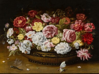 View full screen - View 1 of Lot 18. Still life of roses in an oriental lacquer and canework bowl, on a ledge with a butterfly and dragonfly.