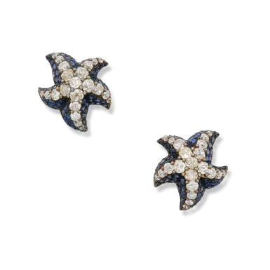 View full screen - View 1 of Lot 231. Pair of Sapphire and Diamond Earclips, France.
