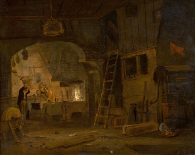 View full screen - View 1 of Lot 254. CORNELIS GERRITSZ. DECKER | A FORGE WITH BLACKSMITHS AT WORK.