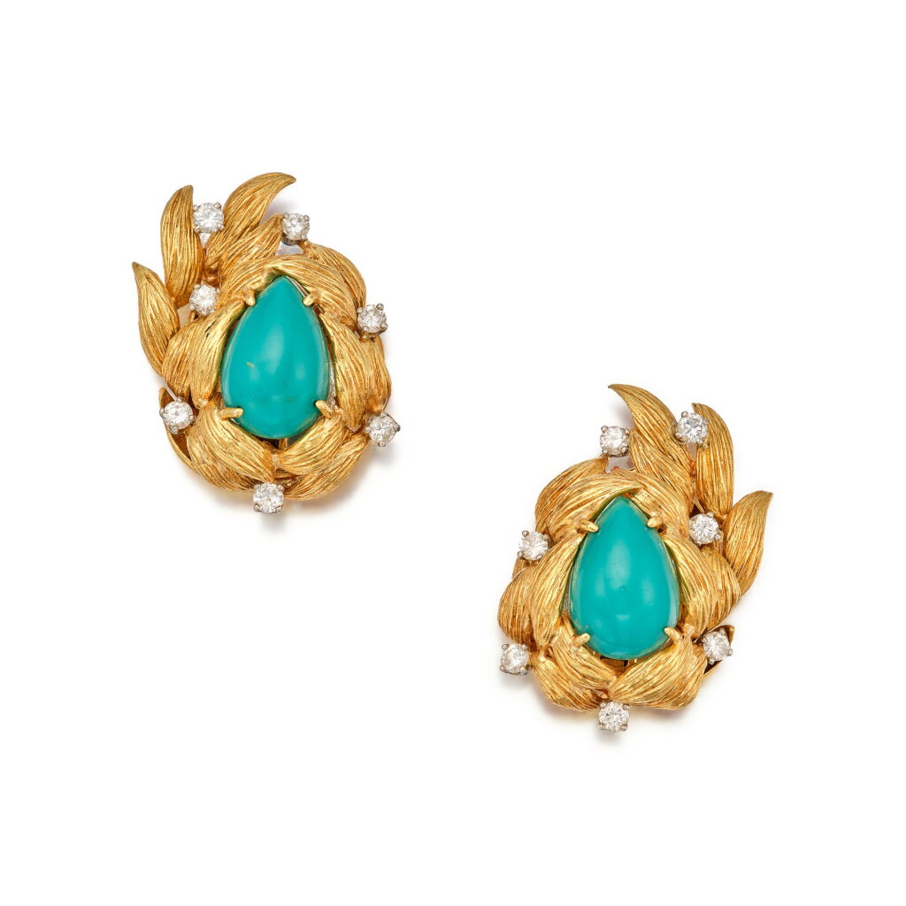 View full screen - View 1 of Lot 170. Pair of Gold, Turquoise and Diamond Earclips.