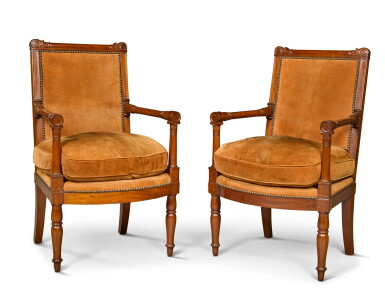 View full screen - View 1 of Lot 139. A pair of French Empire mahogany fauteuils, by Georges and François-Honoré-Georges Jacob, circa 1810.