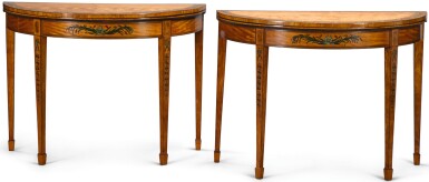 View full screen - View 1 of Lot 35. A PAIR OF GEORGE III PAINTED SATINWOOD DEMI-LUNE CARD TABLES, CIRCA 1790, ATTRIBUTED TO SEDDON, SONS & SHACKLETON.
