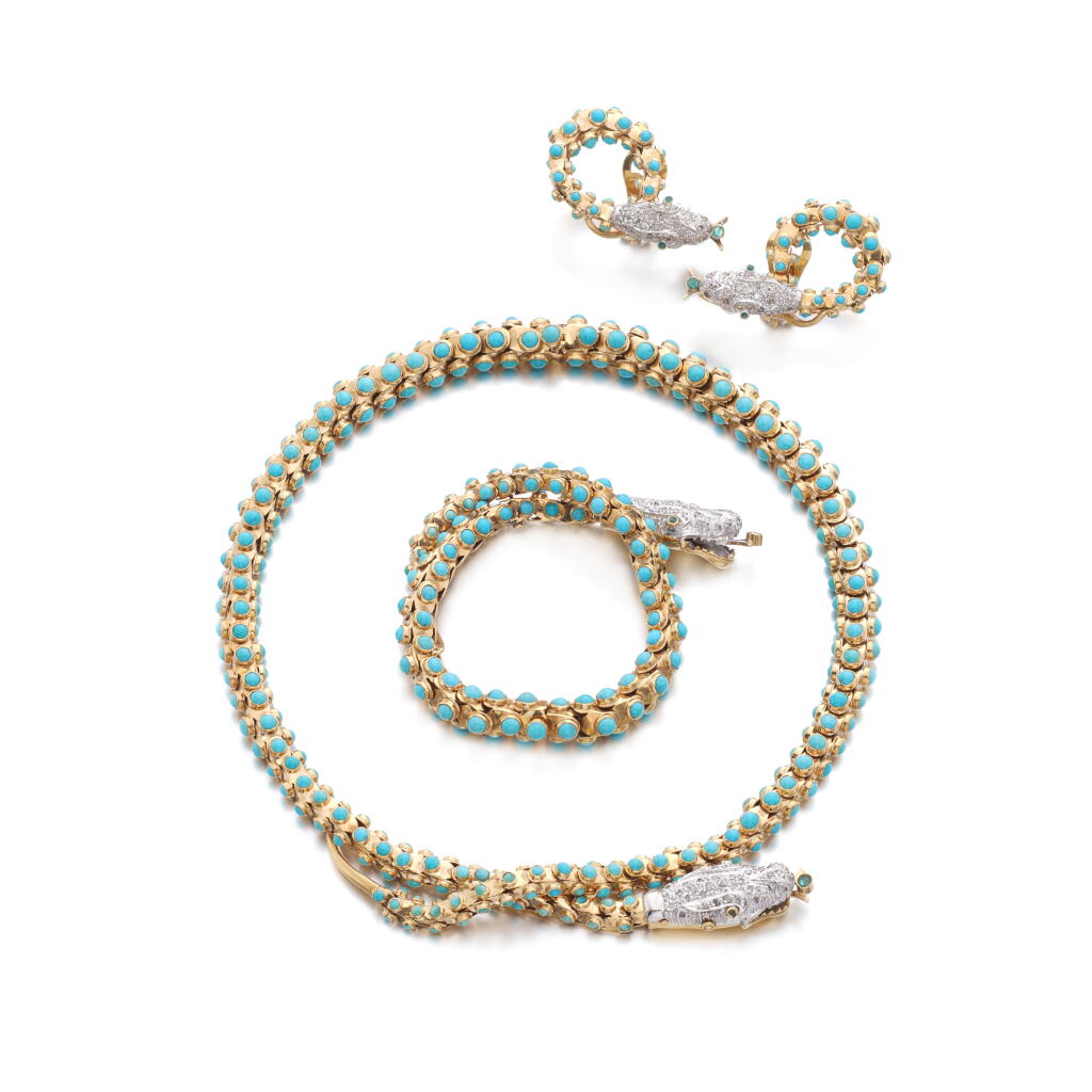 View full screen - View 1 of Lot 256. Parure turquoises, diamants et or | Turquoise, diamond and gold parure.