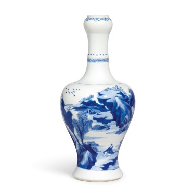 View full screen - View 1 of Lot 3645. A fine and rare blue and white garlic-mouth bottle vase Qing dynasty, Kangxi period | 清康熙 青花山水人物清供圖蒜頭瓶.