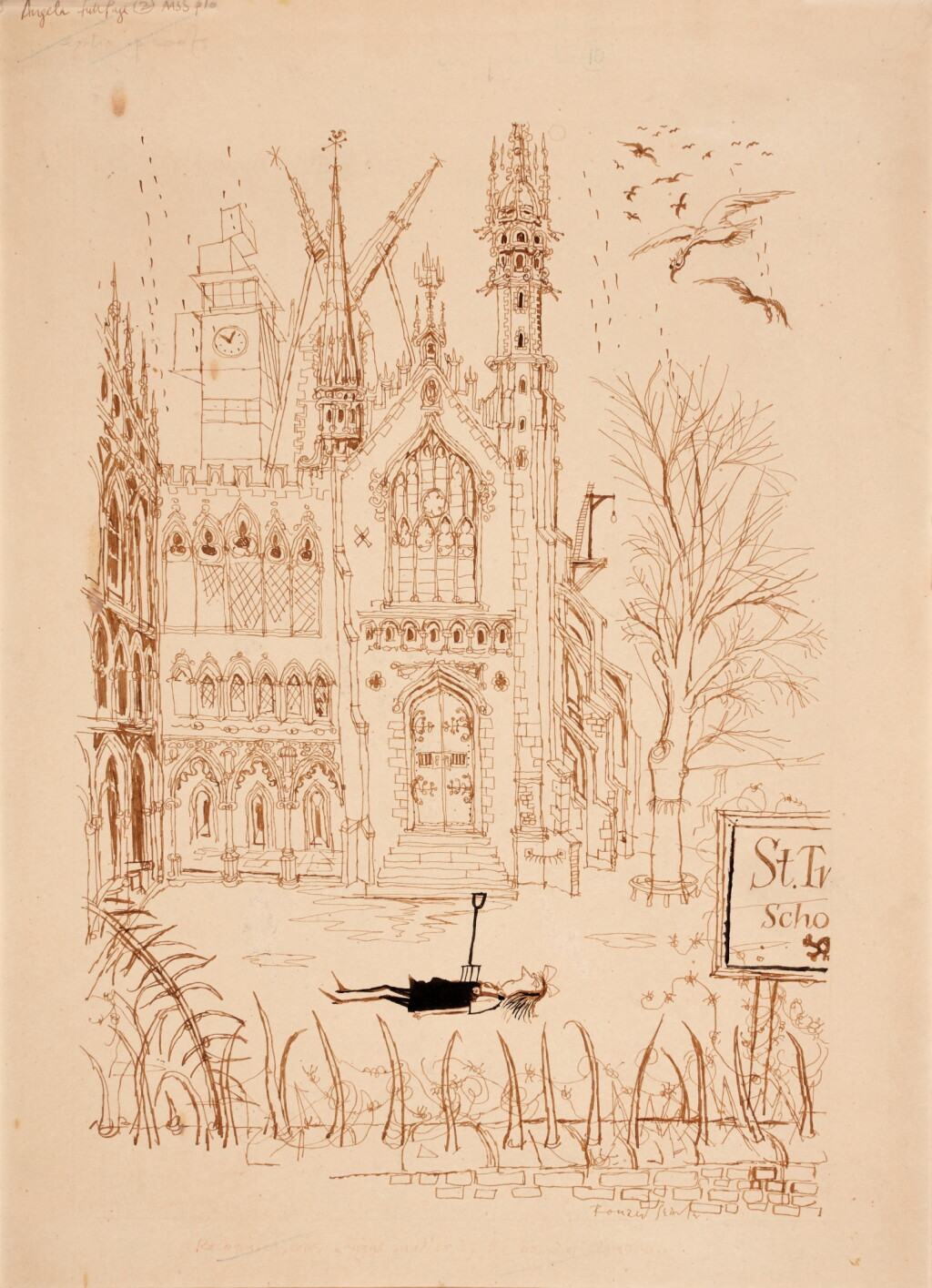 View full screen - View 1 of Lot 137. Ronald Searle | 6 pen and ink illustrations for The Terror of St Trinian's, framed.