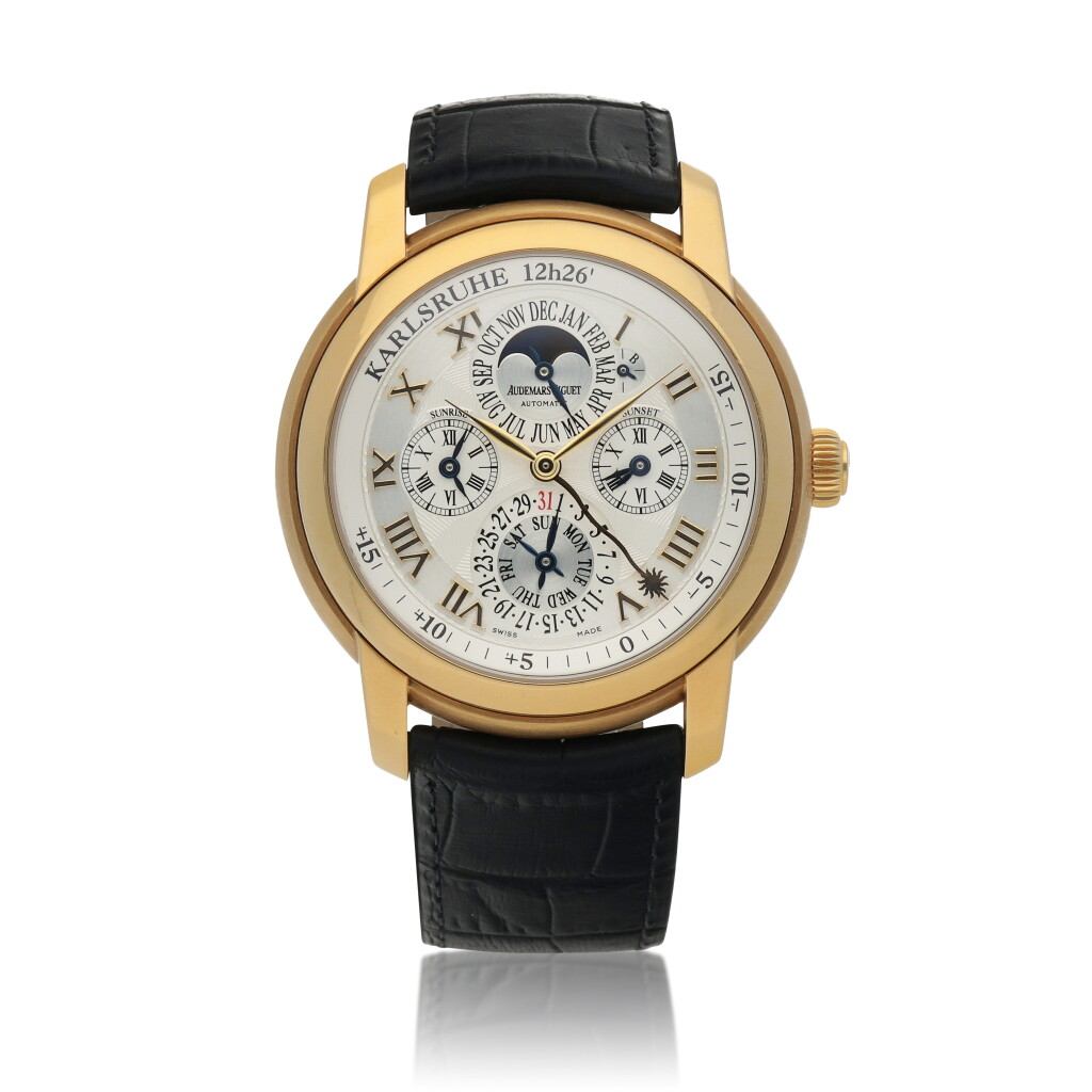 View full screen - View 1 of Lot 35. Jules Audemars Equation du Temps, Ref. 26003BA.OO.D088CR.01100 Yellow gold perpetual calendar wristwatch with equation of time, sunset/sunrise times, moon phases and leap-year indication calibrated for the German city Karlsruhe Circa 2007.