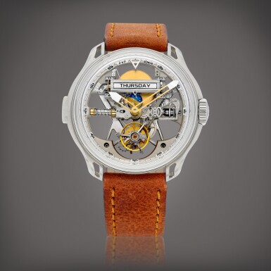 View full screen - View 1 of Lot 2144. Tourbillon Superligero Skeleton Unibody | A titanium skeletonised tourbillon wristwatch with day and day and night indication, Circa 2021 | FVF | Tourbillon Superligero Skeleton Unibody | 鈦金屬鏤空陀飛輪腕錶,備星期及晝夜顯示,約2021年製.