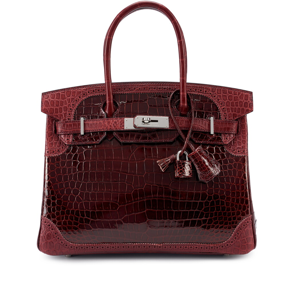 View full screen - View 1 of Lot 137. Limited Edition Bourgogne Shiny and Matte Porosus Crocodile Ghillies Birkin 30 Palladium Hardware, 2015.