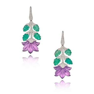 View full screen - View 1 of Lot 53. Pair of Amethyst, Emerald and Diamond Earrings.