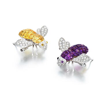 View full screen - View 1 of Lot 268. Pair of amethyst and citrine bee brooches.