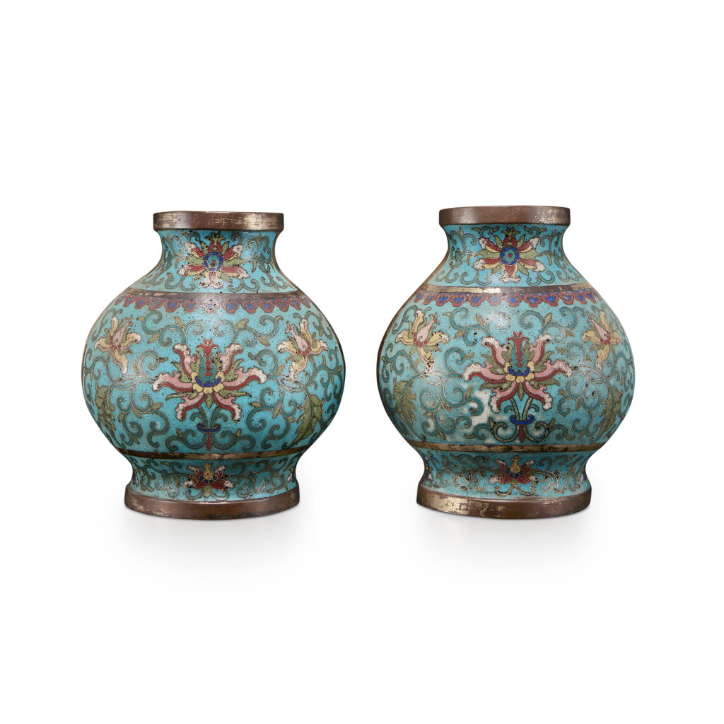 View full screen - View 1 of Lot 118. A pair of cloisonné enamel 'lotus' wall vases, Qing dynasty, Qianlong period.