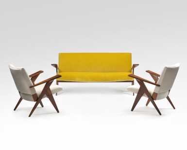 View full screen - View 1 of Lot 81. Pair of armchairs and sofa.