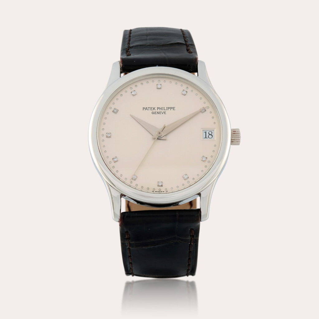 View full screen - View 1 of Lot 122. Calatrava, Reference 3998 | A platinum and diamond-set wristwatch with date | Circa 1992.