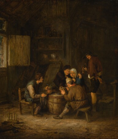 View full screen - View 1 of Lot 145. ADRIAEN JANSZ. VAN OSTADE | Peasants smoking and drinking in an inn.