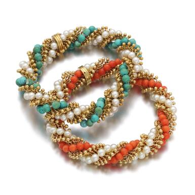 View full screen - View 1 of Lot 344. PAIR OF CULTURED PEARL, CORAL AND TURQUOISE BRACELETS, 'TWIST', VAN CLEEF & ARPELS, 1960S.