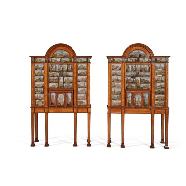 View full screen - View 1 of Lot 156. A Pair of George III Satinwood, Amaranth, Mahogany and Italian Painted Glass Cabinet on Stands, late 18th Century.