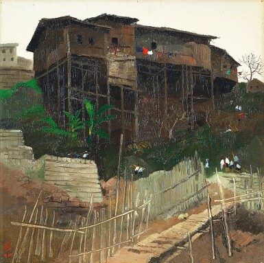 View full screen - View 1 of Lot 2819. Wu Guanzhong 吳冠中 | Wooden-pillar houses of Sichuan 四川吊腳樓.