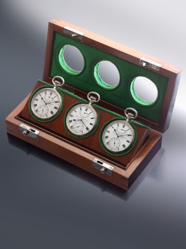 View full screen - View 1 of Lot 78. A fine and possibly unique set of three torpedo boat navigator's trio silver open faced watches with power reserve, and original fitted and numbered box, Made in 1912, Sold to the US Navy on 8 December 1917, and used on the US Zeppelin Airship Los Angeles (ZR-3) 百達翡麗 一組三枚 Navigator's Trio 銀製懷錶備動力儲存顯示,附原廠錶盒,錶盒印有編號,1912年製,1917年12月8日售予美國海軍,曾於美國齊柏林飛船洛杉磯號(ZR-3)上使用,可能為孤品.