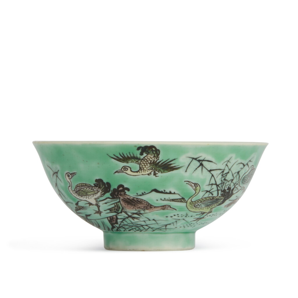 View full screen - View 1 of Lot 202. A biscuit-glazed famille-verte 'ducks' bowl, 20th century | 二十世紀 素三彩鴛鴦蘆葦圖盌 《大清康熙年製》仿款.