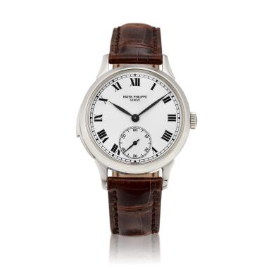 View full screen - View 1 of Lot 2177. Reference 3979 | A platinum minute repeating wristwatch with enamel dial, Made to commemorate the 150th anniversary of Patek Philippe, Made in 1994 | 百達翡麗 | 型號3979 | 鉑金三問腕錶,備琺瑯錶盤,為紀念百達翡麗150週年而製,1994年製.