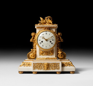 View full screen - View 1 of Lot 44. A gilt-bronze mounted white marble "doves" mantel clock, Louis XVI, circa 1780, the case after a design by François Vion | Pendule "aux colombes" en marbre et bronze doré d'époque Louis XVI, vers 1780, d'après un dessin de François Dion.