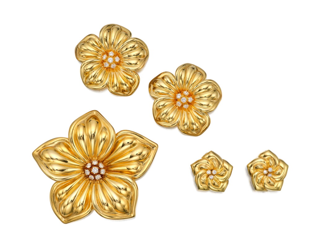 View full screen - View 1 of Lot 391. Pair of Gold and Diamond Earclips and Three Brooches.