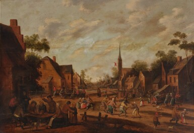 View full screen - View 1 of Lot 481. Village Kermesse with Figures Feasting, Dancing, and Merrymaking in the Streets.