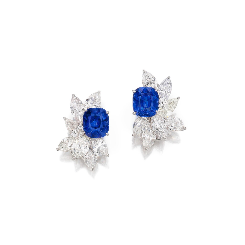 View full screen - View 1 of Lot 1896. Pair of Sapphire and Diamond Earrings | 9.20及9.10克拉 天然「緬甸」未經加熱藍寶石 配 鑽石 耳環一對(鑽石共重15.61克拉) .
