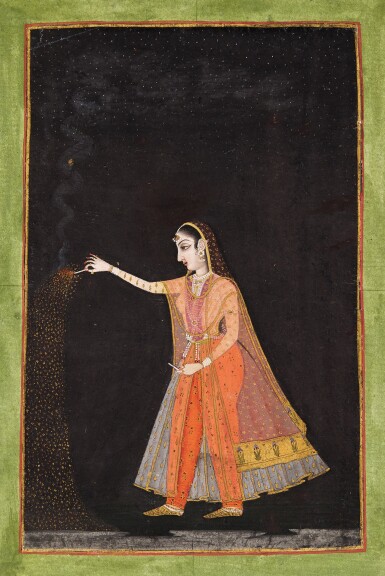 View full screen - View 1 of Lot 174. A LADY PLAYING WITH FIREWORKS, INDIA, RAJASTHAN, LATE 18TH CENTURY.