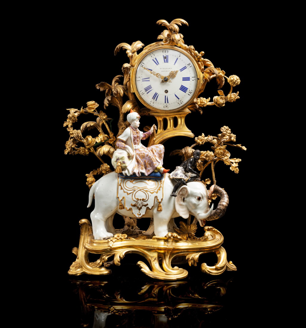 View full screen - View 1 of Lot 17. A Louis XV gilt-bronze mounted Meissen porcelain mantel clock depicting a Sultan riding an Elephant, probably by Peter Reinicke, circa 1750 | Pendule au sultan sur un éléphant en porcelaine de Meissen, probablement par Peter Reinicke, et monture de bronze doré d’époque Louis XV, vers 1750.