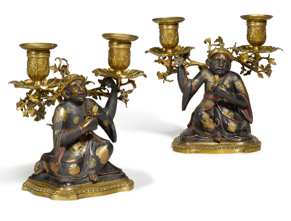 View full screen - View 1 of Lot 16. A pair of Louis XV gilt-bronze mounted polychrome japanned carved wood figural two-light candelabra, second quarter 18th century.