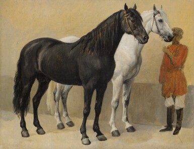 View full screen - View 1 of Lot 74. DENIS-AUGUSTE-MARIE RAFFET | TWO HORSES OF PRINCE ANATOLE DEMIDOFF (1813-1870).