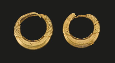 View full screen - View 1 of Lot 81. A PAIR OF GREEK GOLD EARRINGS, CIRCA 5TH CENTURY B.C..