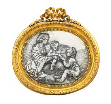 View full screen - View 1 of Lot 309. An Italian silver oval plaque representing the Virgin Mary with her Child, Giuseppe Valadier, Roma, circa 1800 | Plaque ovale en argent représentant la Vierge à l'Enfant avec Saint Jean-Baptiste par Giuseppe Valadier, Rome, vers 1800.