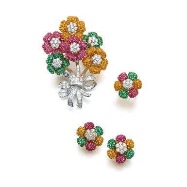 View full screen - View 1 of Lot 863. Coloured sapphire, emerald and diamond demi-parure.
