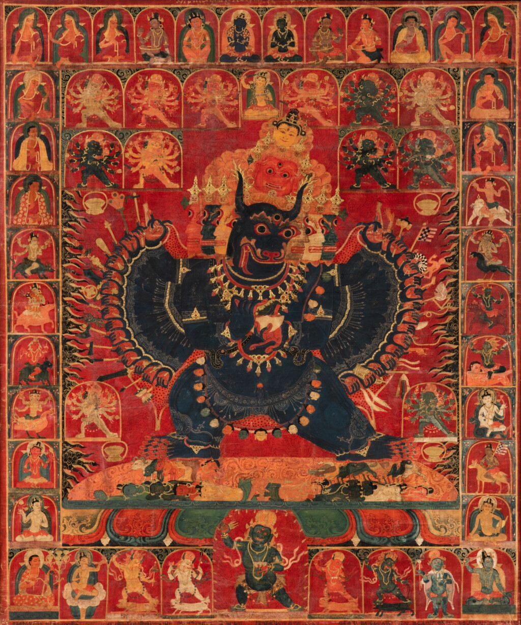 View full screen - View 1 of Lot 19. A rare and important thangka depicting Ekavira Vajrabhairava, Tibet, 15th century | 西藏 十五世紀 獨雄大威德金剛唐卡 設色布本.